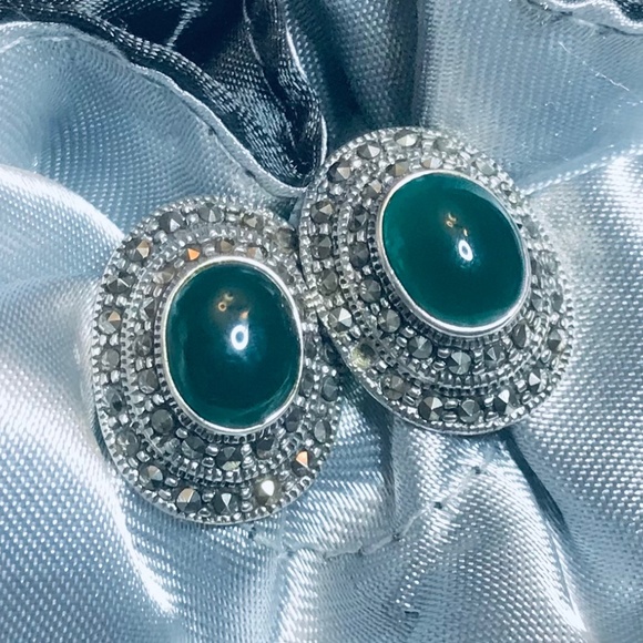 Sterling Silver Genuine Green Agate & Marcasite Earrings - Picture 1 of 4